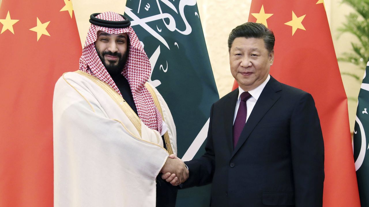 Saudi Crown Prince Mohammad bin Salman, left, with Chinese President Xi Jinping before their meeting at the Great Hall of the People in Beijing.