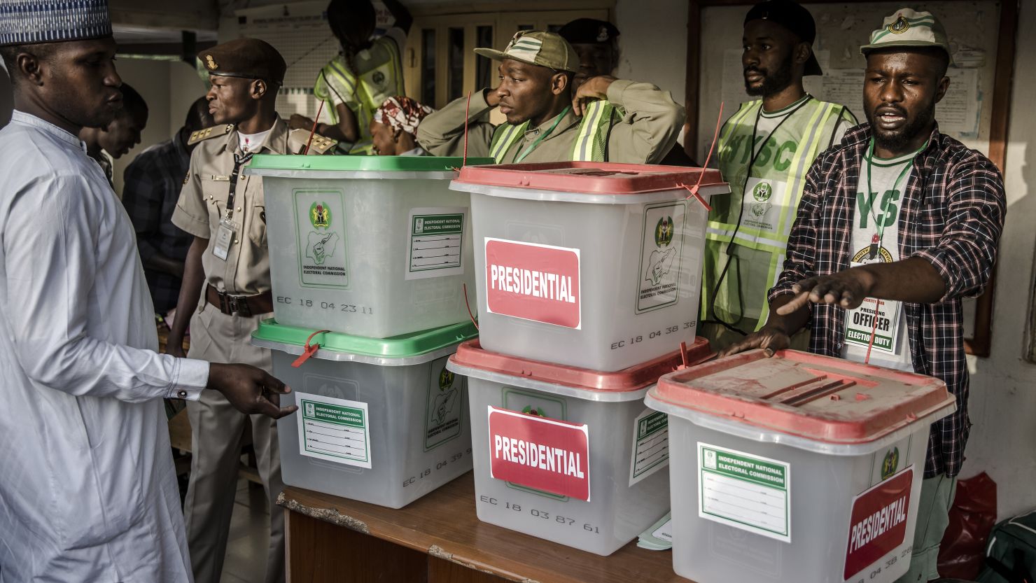 Electoral commission officers prepare ballot boxes in Adamawa State, Nigeria, during the presidential election in February.