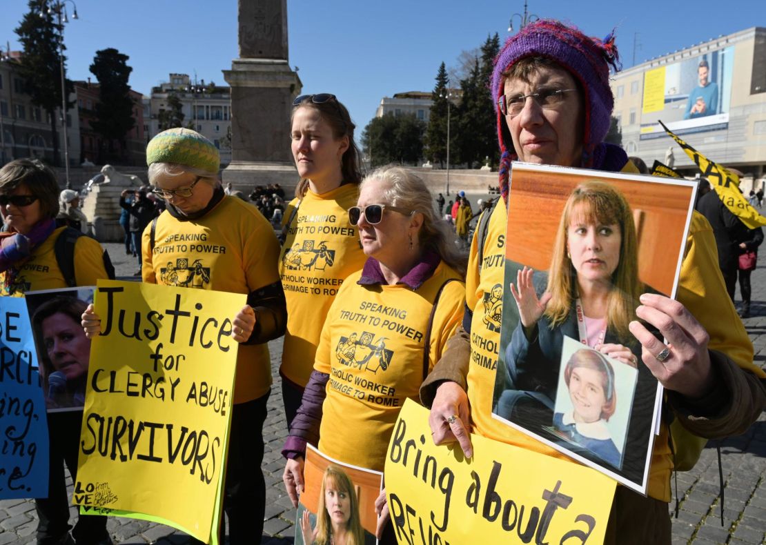 Members of Ending Clergy Abuse, a global organization of prominent survivors and activists, continued demonstrations in Rome on Saturday.