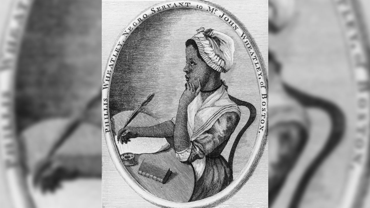 Engraved portrait of Phillis Wheatley at a writing desk, circa 1780.