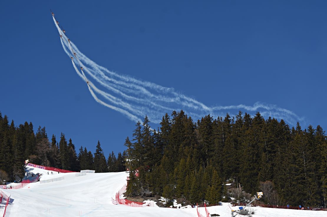 The scene in Crans-Montana on Saturday, with planes flying overhead. 