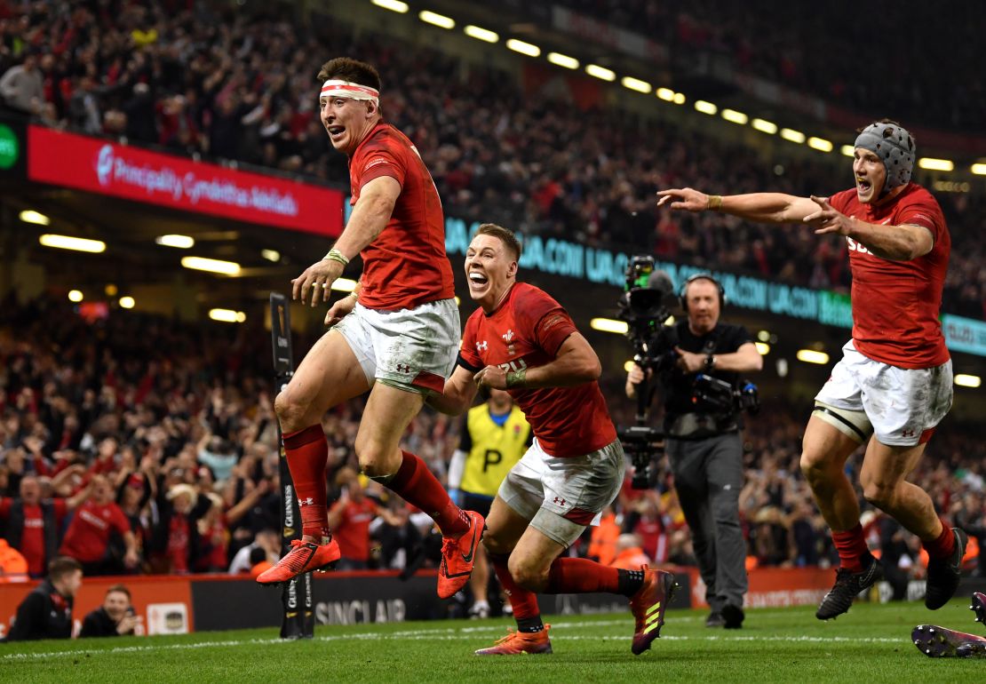 Wales players celebrate in their Six Nations win over England on Saturday. 