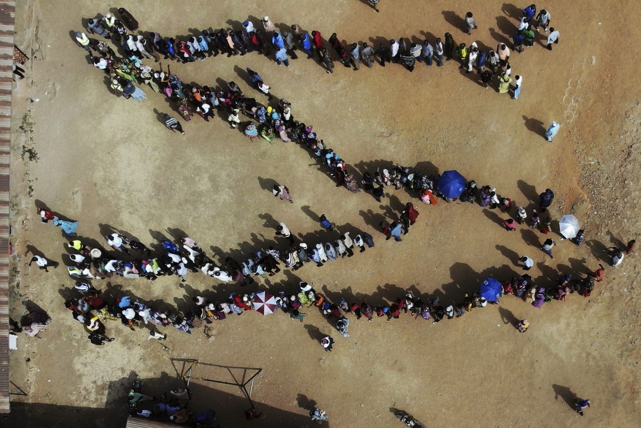 People line up to vote in Kaduna, Nigeria, on February 23.