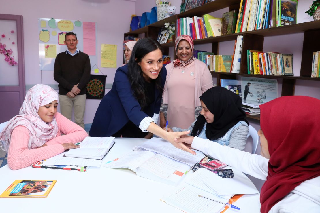Meghan greets students during a visit to the Education for All boarding house in Asni.
