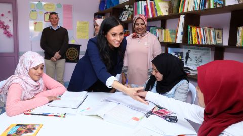 Meghan greets students during a visit to the Education for All boarding house in Asni.