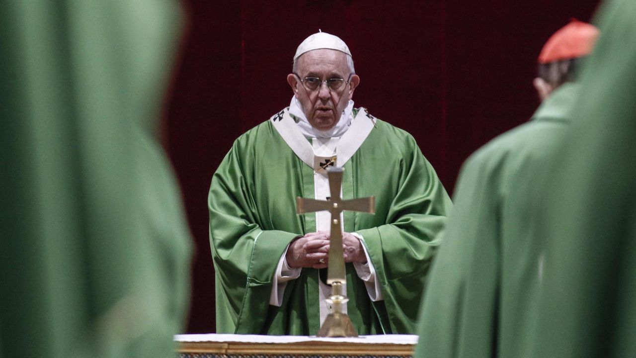 Pope Francis attends a Eucharistic celebration at the Regia Hall of the Apostolic Palace in the Vatican on Sunday.