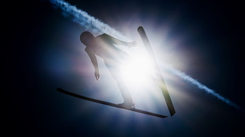 Germany's Vinzenz Geiger practices ski jumping before a Nordic combined event in Innsbruck, Austria, on Tuesday, February 19.