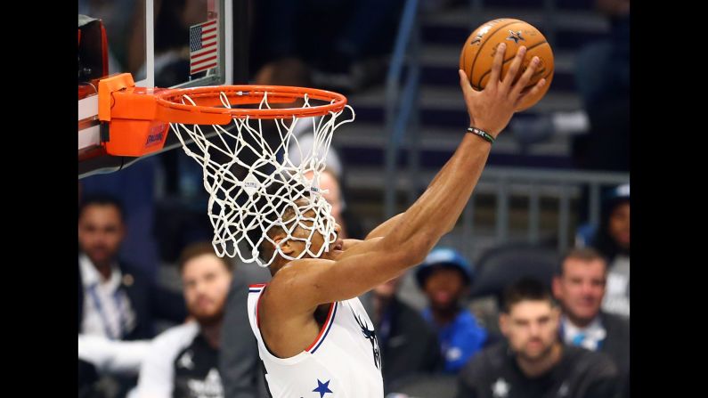 Giannis Antetokounmpo dunks the ball during the NBA All-Star Game on Sunday, February 17. He and LeBron James were the two team captains for the event.