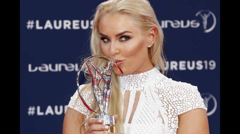 Former American skier Lindsey Vonn, <a href="index.php?page=&url=http%3A%2F%2Fwww.cnn.com%2F2019%2F02%2F01%2Fsport%2Fgallery%2Flindsey-vonn%2Findex.html" target="_blank">who recently called it a career,</a> poses with a Laureus World Sports Award on Monday, February 18.