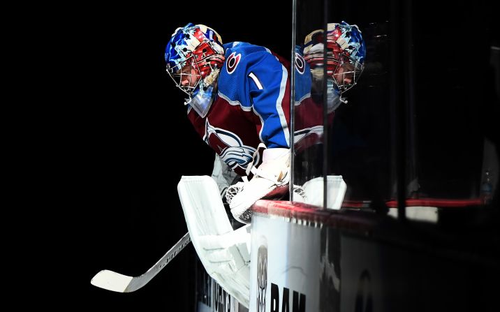 Colorado goaltender Semyon Varlamov skates onto the ice before an NHL game in Denver on Monday, February 18.