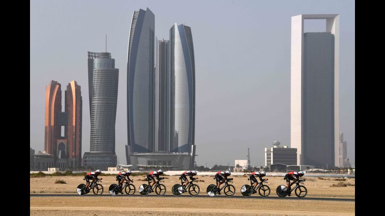 Cyclists compete in the first stage of the UAE Tour on Sunday, February 24.