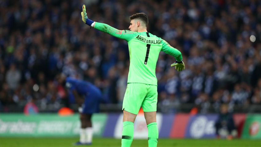 LONDON, ENGLAND - FEBRUARY 24:  Kepa Arrizabalaga of Chelsea reacts as he refuses to be substituted during the Carabao Cup Final between Chelsea and Manchester City at Wembley Stadium on February 24, 2019 in London, England.  (Photo by Clive Rose/Getty Images)