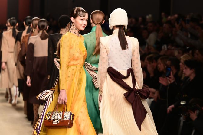 Models like Gigi Hadid and Kaia Gerber presented the last Fendi collection designed by Karl Lagerfeld, who died last week. Their low ponytails recalled the late designer's own signature style.