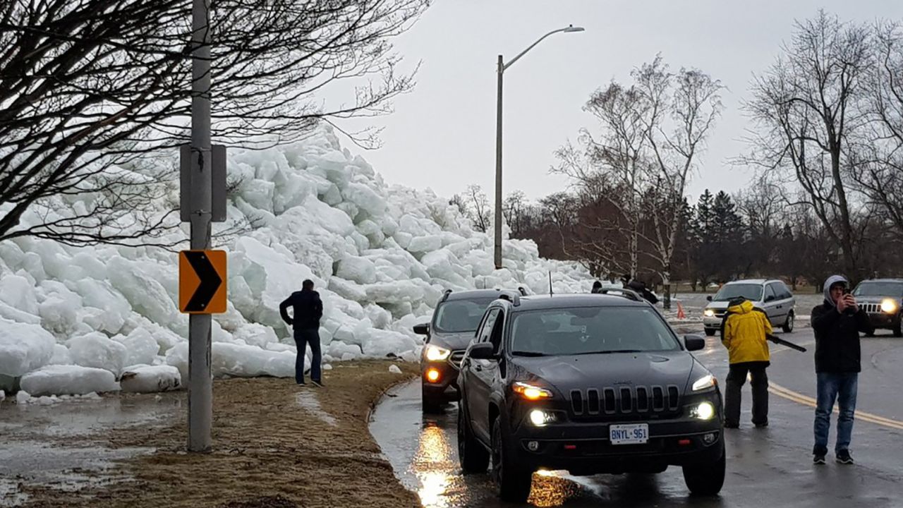 High winds from Lake Erie create a huge wall of ice in Fort Erie, Ontario. Storm chaser David Piano says it was 40 feet tall in some spots on Sunday.