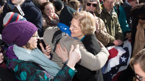 Sen. Elizabeth Warren greets supporters after announcing her official bid for President in Lawrence, Massachusetts.