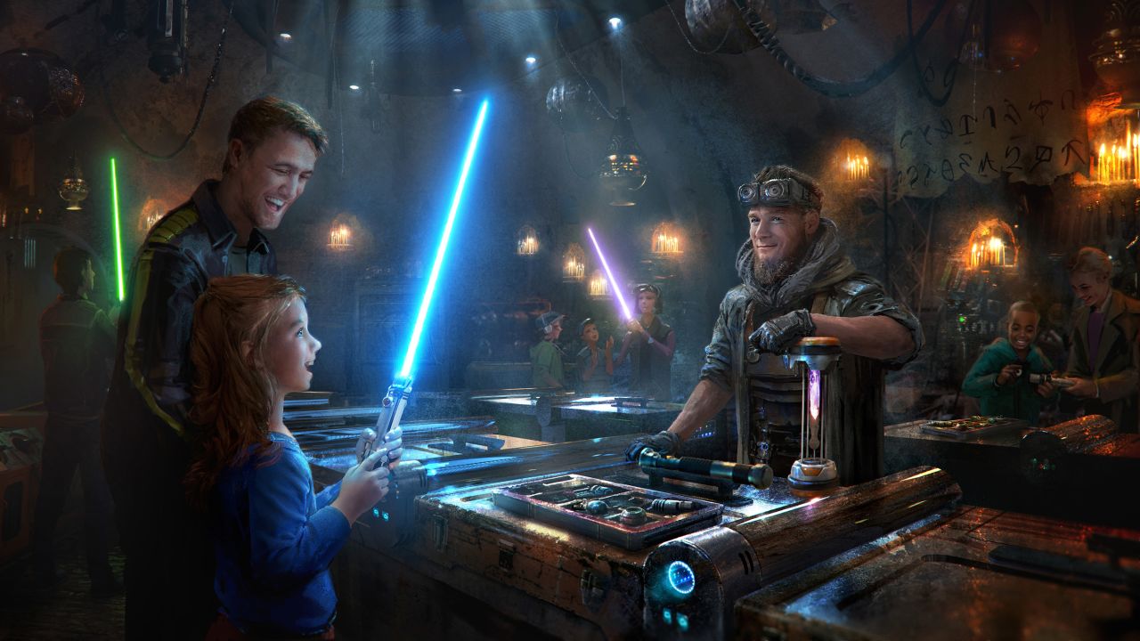 <strong>Lightsabers to go. </strong>Among the specialty shops selling items that can only be bought in the parks is Savi's Workshop, where you can build your own lightsabers from various designs and kyber crystal colors.<br />
