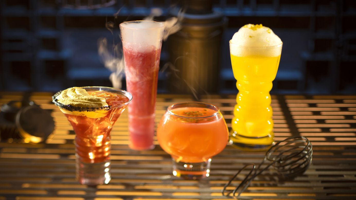 <strong>Adult beverages. I</strong>n Oga's Cantina, alcoholic beverages will be served, including, from left to right: The Outer Rim, Bespin Fizz, Yub Nub rum punch and a Fuzzy Tauntaun.