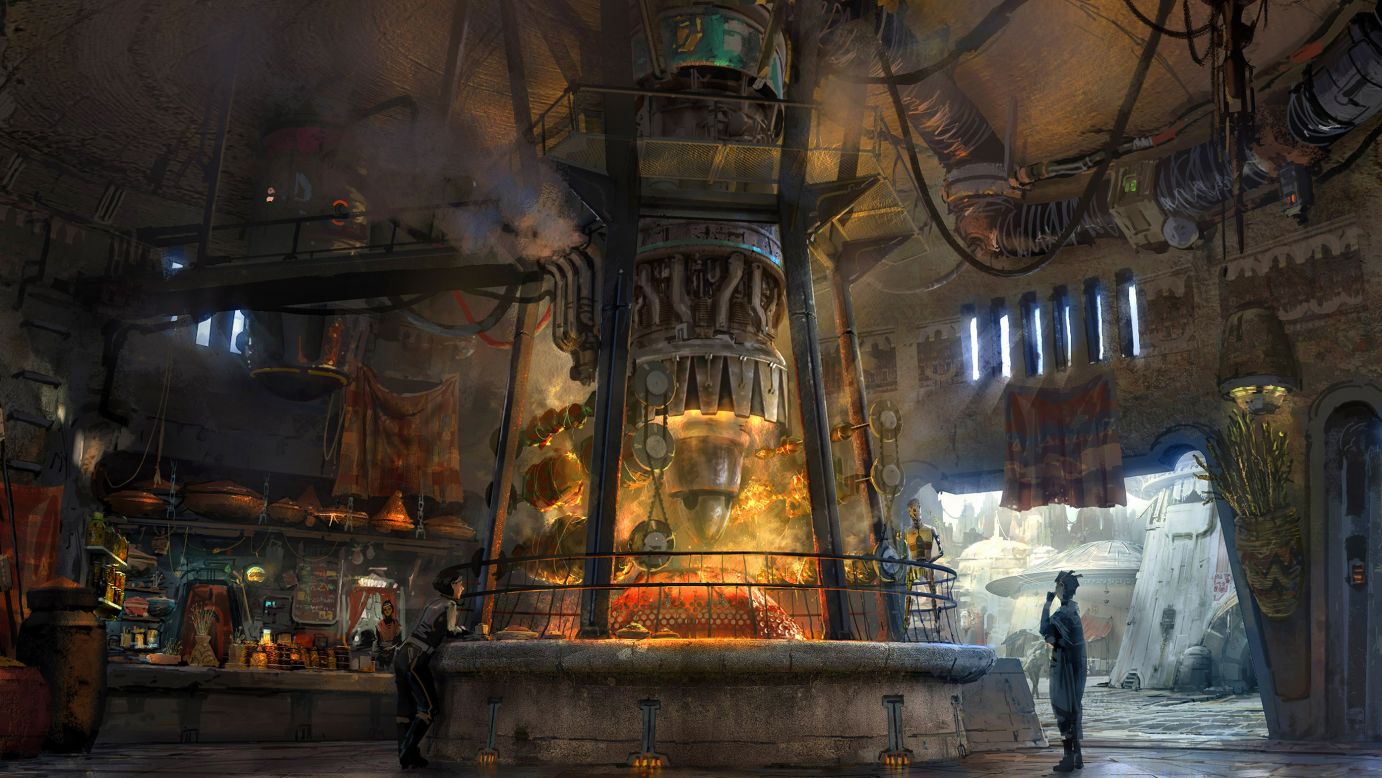 <strong>Local cuisine.</strong> Ronto Roasters will feature savory meats spit-roasted over a former Podracer engine. The food in Galaxy's Edge will be "in universe," so don't expect to find French fries or nachos. 