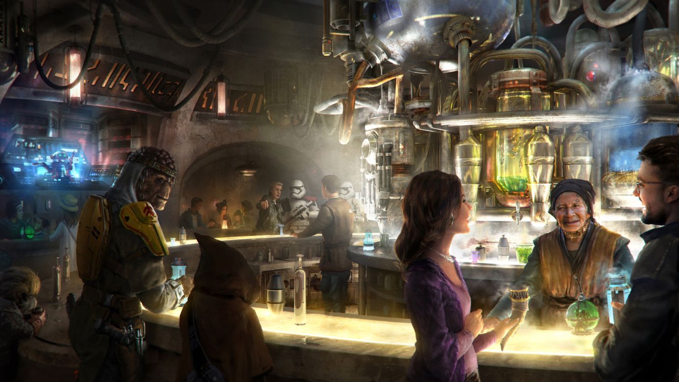 <strong>Fun for the family.</strong> Don't expect wanted men or lightsaber limb dissections. Oga's Cantina is an elaborate bar that's also family friendly, serving blue milk and cookies for the kids and playing an '80s-meets-Bollywood playlist spun by DJ R-3X.