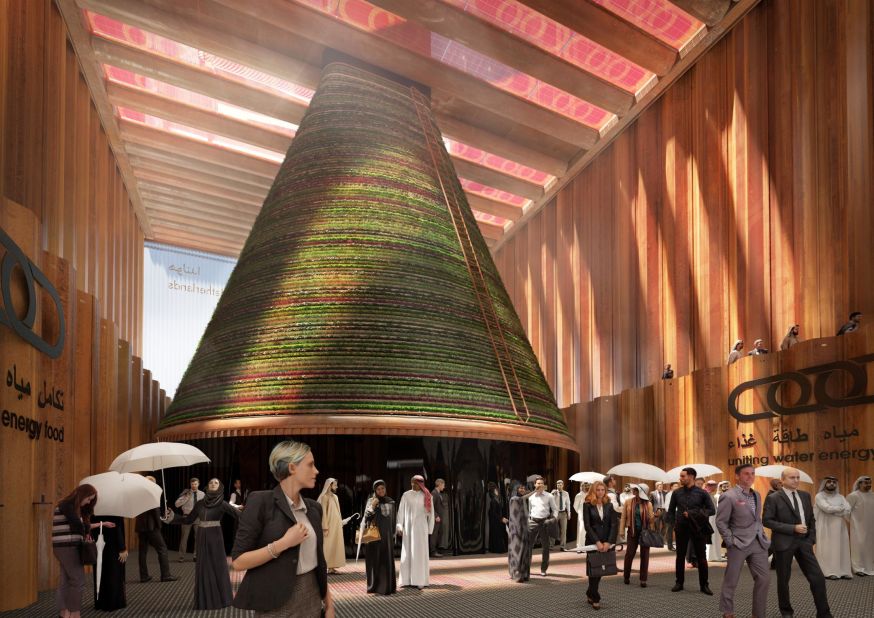 The <a href="https://edition.cnn.com/style/article/dubai-expo-2020-pavilions-sustainability/index.html" target="_blank">Netherlands Pavilion at the upcoming Dubai Expo</a> will feature a "biotope," or self-contained natural environment. Designed by V8 Architects, it will use solar power to condense air moisture for water, while a cone in the center will grow vegetables on the outside -- generating oxygen -- and mushrooms on the inside, producing carbon dioxide for the vegetables.