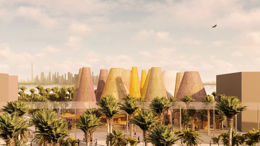 Spain's pavilion, designed by Madrid-based amann-canovas-maruri, features 17 conical tents above its exhibition area. The cones act as solar chimneys, a form of natural ventilation that encourages hot air out of the top of the pavilion while drawing in fresh air at the bottom. 