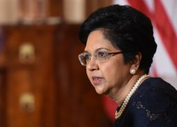 CEO of Pepsi Indra Nooyi looks on before a luncheon with French President Emmanuel Macron and US Vice President Mike Pence at the US State Department in Washington, DC on April 24, 2018. (Photo by Andrew CABALLERO-REYNOLDS / AFP)        (Photo credit should read ANDREW CABALLERO-REYNOLDS/AFP/Getty Images)