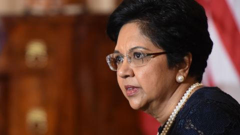 CEO of Pepsi Indra Nooyi looks on before a luncheon with French President Emmanuel Macron and US Vice President Mike Pence at the US State Department in Washington, DC on April 24, 2018. (Photo by Andrew CABALLERO-REYNOLDS / AFP) (Photo credit should read ANDREW CABALLERO-REYNOLDS/AFP/Getty Images)