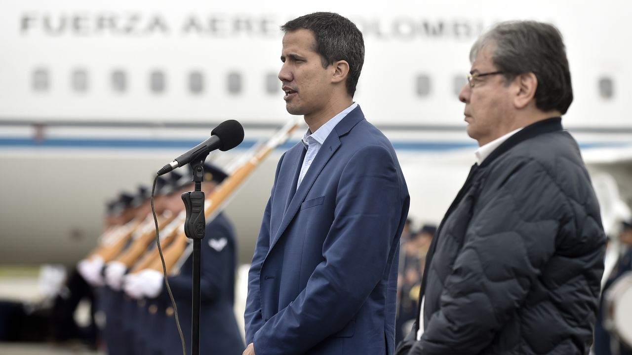 Juan Guaido with Colombian Foreign Minister Carlos Holmes Trujillo in Bogota Sunday.