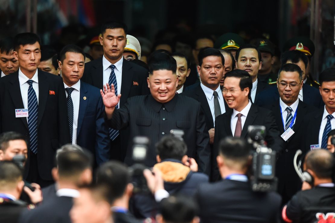 North Korean leader Kim Jong Un waves after arriving in Dong Dang, Lang Son province, on February 26, 2019.