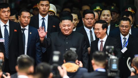 North Korean leader Kim Jong Un waves after arriving in Dong Dang, Lang Son province, on February 26, 2019.