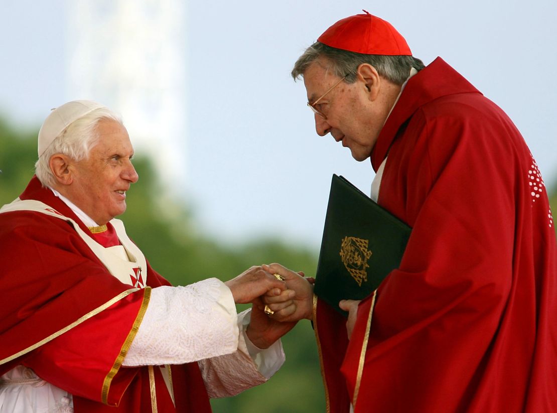 Pope Benedict XVI shakes hands with Cardinal George Pell, then Catholic Archbishop of Sydney, during World Youth Day Sydney 2008 on July 20, 2008 in Sydney, Australia.