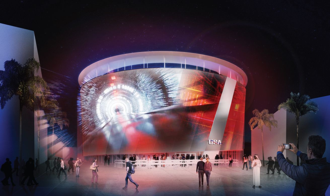 The USA pavilion, designed by Curtis W. Fentress of Fentress Architects, takes the theme of mobility and will showcase cutting-edge transport including hyperloop technology and extraterrestrial vehicles.