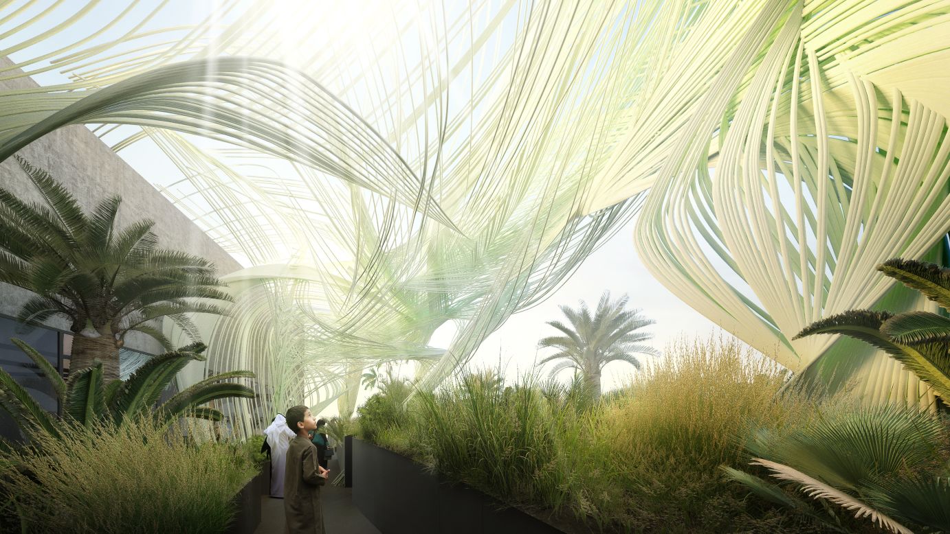 Designed by doctoral students from architecture firm Formosa AA Inc, the Czech pavilion in the sustainability zone of Expo 2020 will utilize a "S.A.W.E.R" (Solar Air Water Earth Resource) system to create a green landscape in the desert. One part of the system generates water from the air using solar power, while another cultivates fertile ground. 