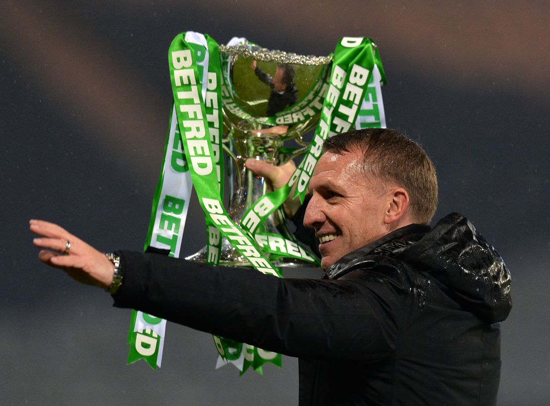 Celtic manager Brendan Rodgers with the League Cup Trophy after winning the 2018 competition.