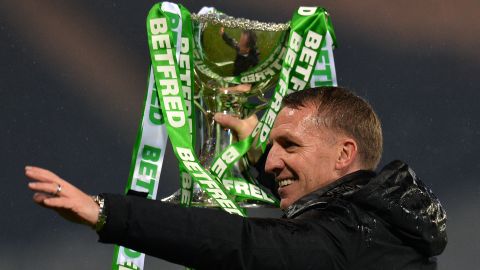 Celtic manager Brendan Rodgers with the League Cup Trophy after winning the 2018 competition.