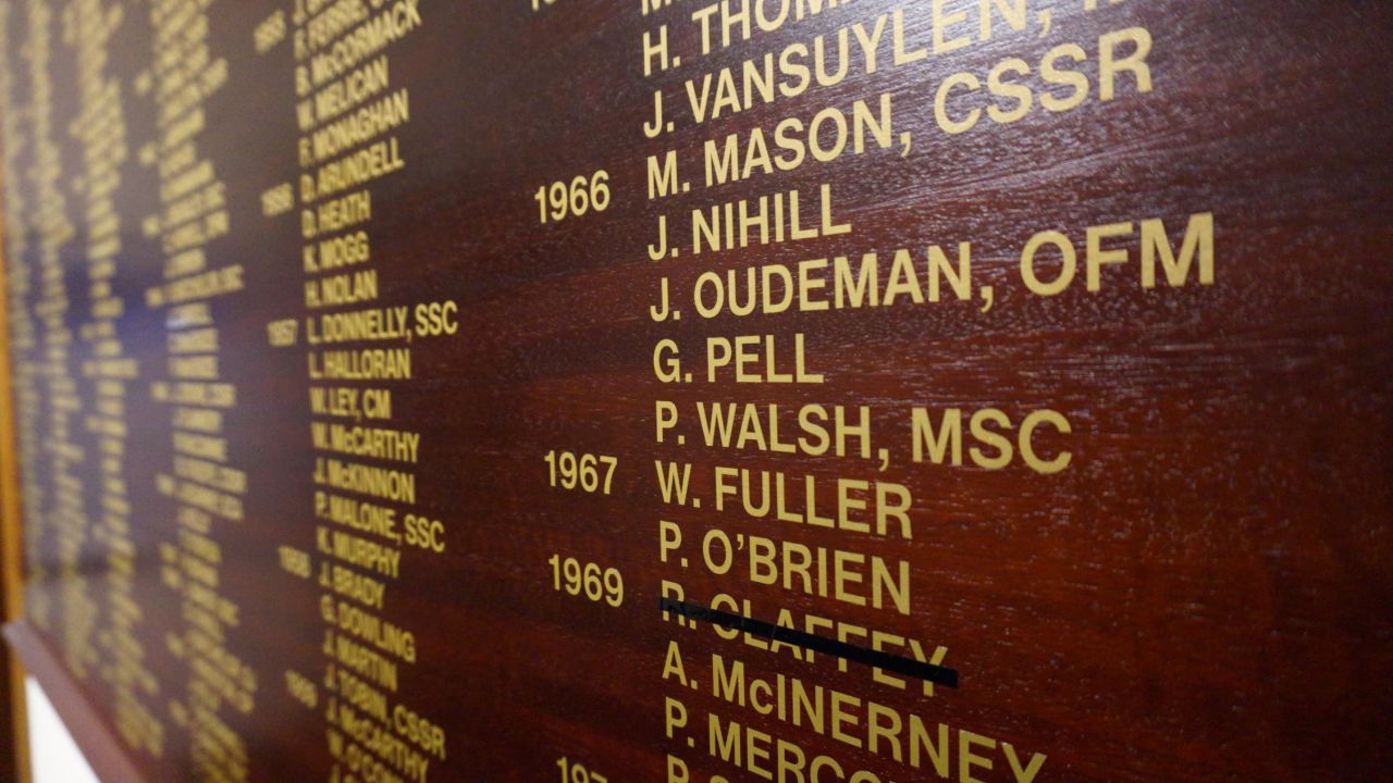 Cardinal George Pell's name on the honor boards of his old school in Ballarat, St Patrick's College. It will be struck off with a black line following his conviction.