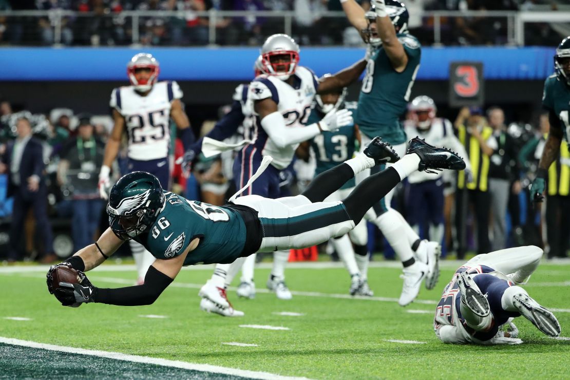 Zach Ertz scoring a touchdown in the fourth quarter of last year's Super Bowl.