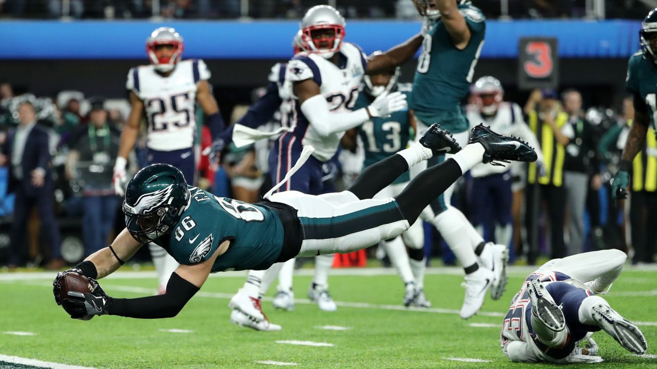 Zach Ertz scoring a touchdown in the fourth quarter of last year's Super Bowl.