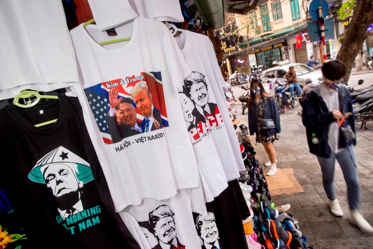 T-shirts depicting Kim and Trump are on sale in Hanoi on February 26.