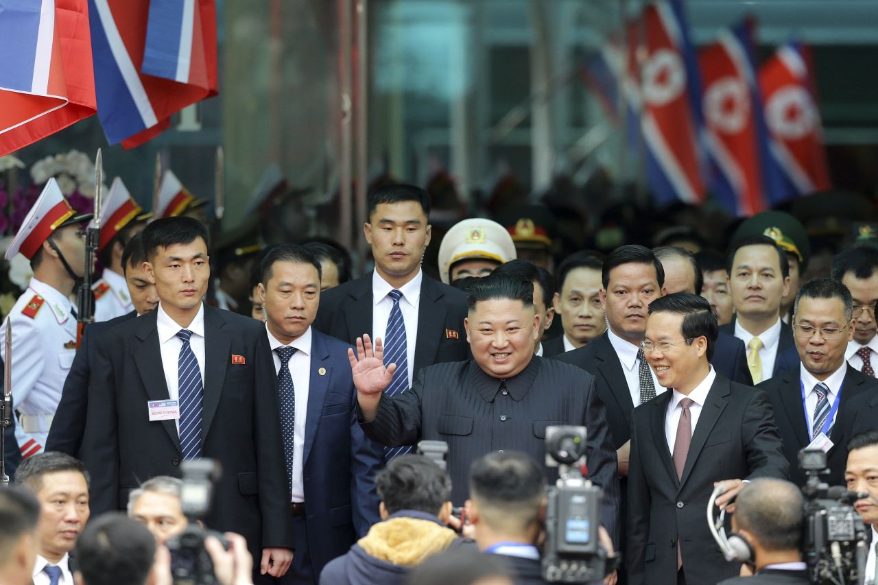 Kim waves after <a href="https://www.cnn.com/2019/02/25/asia/kim-jong-un-vietnam-arrive-train-intl/index.html" target="_blank">arriving to Vietnam by train</a> on February 26. The train trip lasted two and a half days and covered about 2,800 miles.