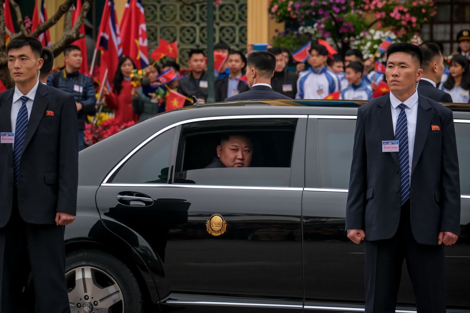 Kim looks out from his car after arriving by train in Dong Dang, Vietnam. (<em>Correction: An earlier caption for this photo incorrectly identified Kim.)</em>