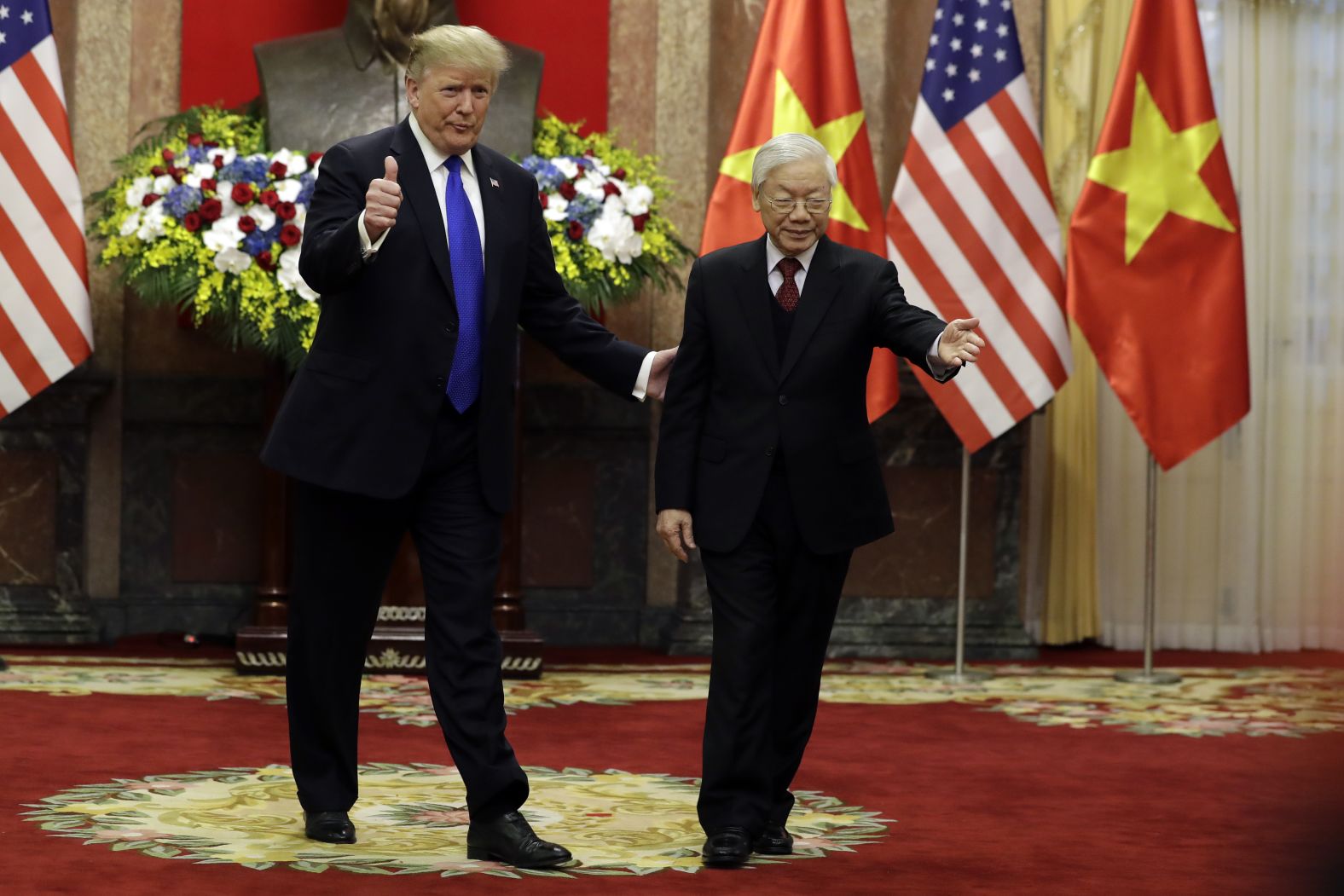 Trump also met with Vietnamese President Nguyen Phu Trong, who said his country has "made every effort" to ensure "the best conditions for the success of this very special meeting." <a href="index.php?page=&url=https%3A%2F%2Fwww.cnn.com%2Fpolitics%2Flive-news%2Ftrump-kim-jong-un-summit-vietnam-february-2019%2Fh_d0d9818e459b768e5197317f06b5859f" target="_blank">Trump pointed to Vietnam</a> as a "good example of what could happen" if North Korea denuclearizes and achieves peace with the United States.