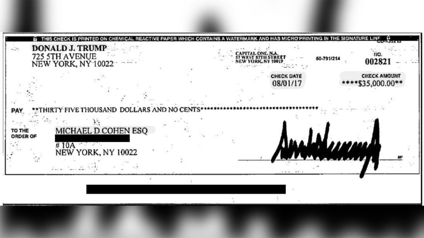 A source familiar with te testimony, provided CNN a copy of the one of the checks sent to Michael Cohen to be exhibited in the hearing today. According to the draft of Cohen's testimony obtained by CNN, the check shows:
As Exhibit 5A to my testimony shows, I am providing a copy of a $35,000 check that President Trump personally signed from his personal bank account on August 1, 2017 -- when he was President of the United States -- pursuant to the cover-up, which was the basis of my guilty plea, to reimburse me -- the word used by Mr. Trump's TV lawyer -- for the illegal hush money I paid on his behalf. This $35,000 check was one of 11 check installments that was paid throughout the year -- while he was President. Other checks to reimburse me for the hush money payments were signed by Don Jr. and Allen Weisselberg. See, for example, Exhibit 5B.
