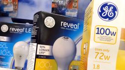 FILE- This Jan. 17, 2017, file photo shows General Electric light bulbs on display at a store, in Wilmington, Mass. General Electric reports earnings Friday, April 20, 2018. (AP Photo/Elise Amendola, File)