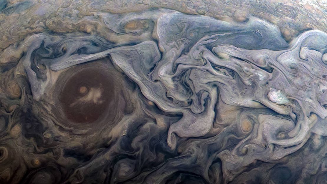 Juno's camera captured swirling atmospheric features on Jupiter.