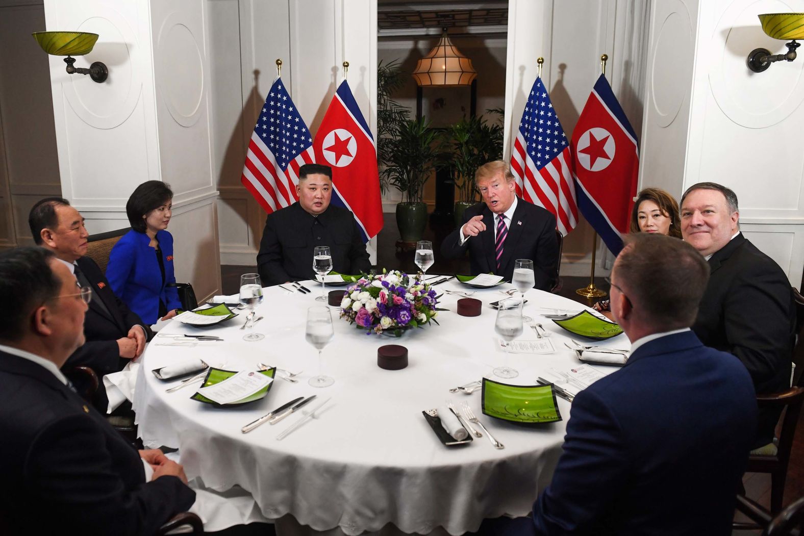 The two leaders sit for dinner at the Hotel Metropole Hanoi on February 27. The men were <a href="index.php?page=&url=https%3A%2F%2Fwww.cnn.com%2Fpolitics%2Flive-news%2Ftrump-kim-jong-un-summit-vietnam-february-2019%2Fh_16c6aa1733e76d22621034004ef4acd0" target="_blank">joined by interpreters and a few associates,</a> including US Secretary of State Mike Pompeo, far right. "Nothing like having a nice private dinner," Trump joked as a limited pool of reporters took photos.