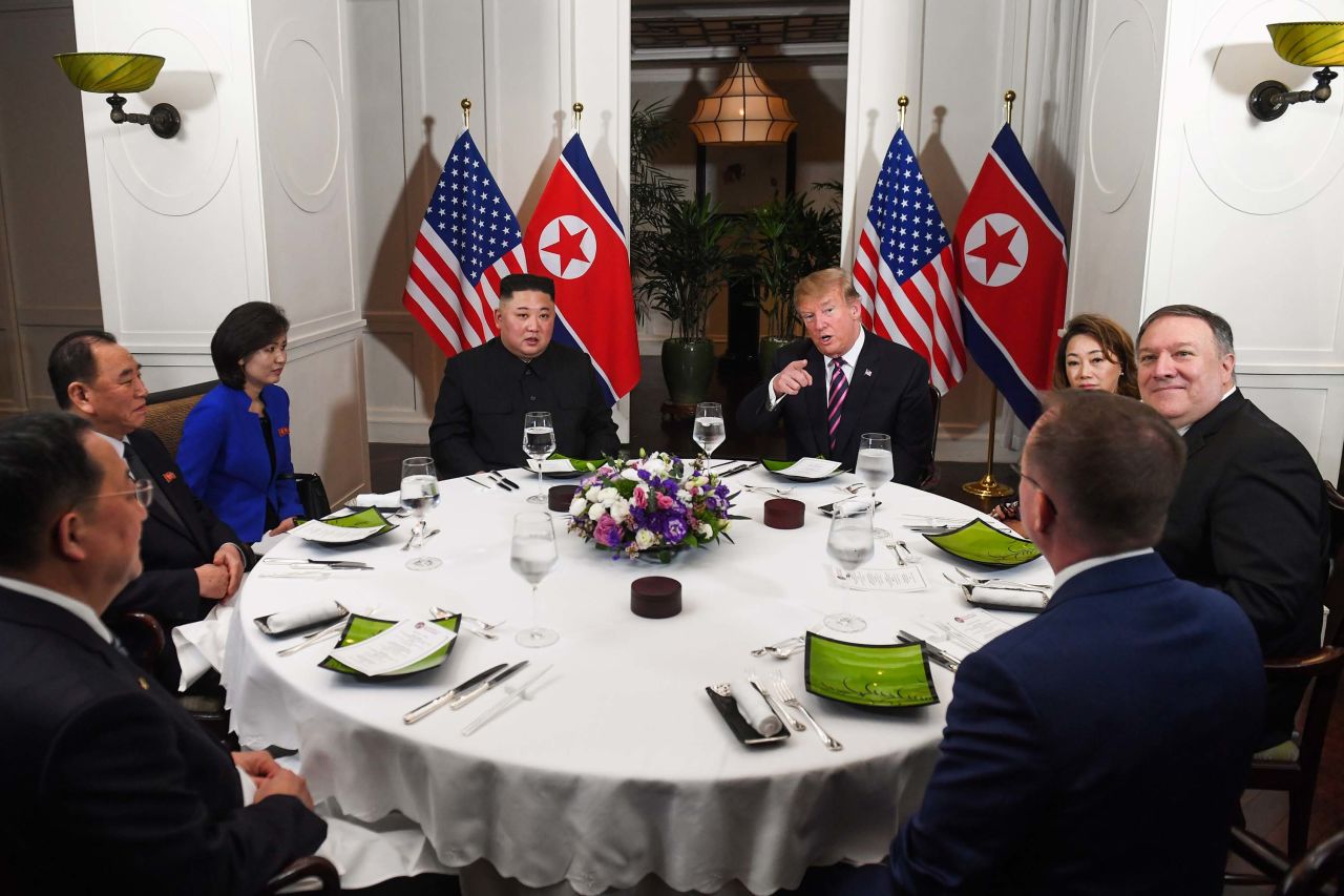 The two leaders sit for dinner at the Hotel Metropole Hanoi on February 27. The men were <a href="https://www.cnn.com/politics/live-news/trump-kim-jong-un-summit-vietnam-february-2019/h_16c6aa1733e76d22621034004ef4acd0" target="_blank">joined by interpreters and a few associates,</a> including US Secretary of State Mike Pompeo, far right. "Nothing like having a nice private dinner," Trump joked as a limited pool of reporters took photos.