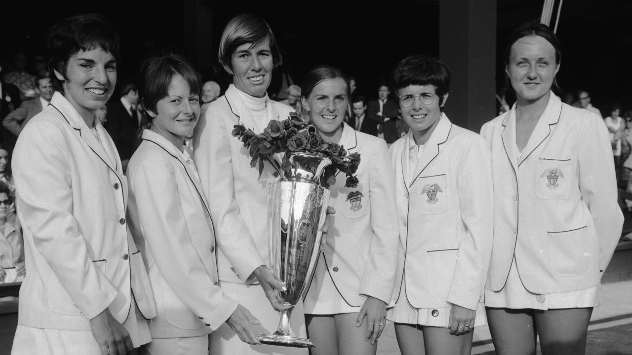 Heldman (far left) poses alongside her victorious teammates after winning the 1970 Wightman Cup, the annual competition between the top female players from the US and UK.