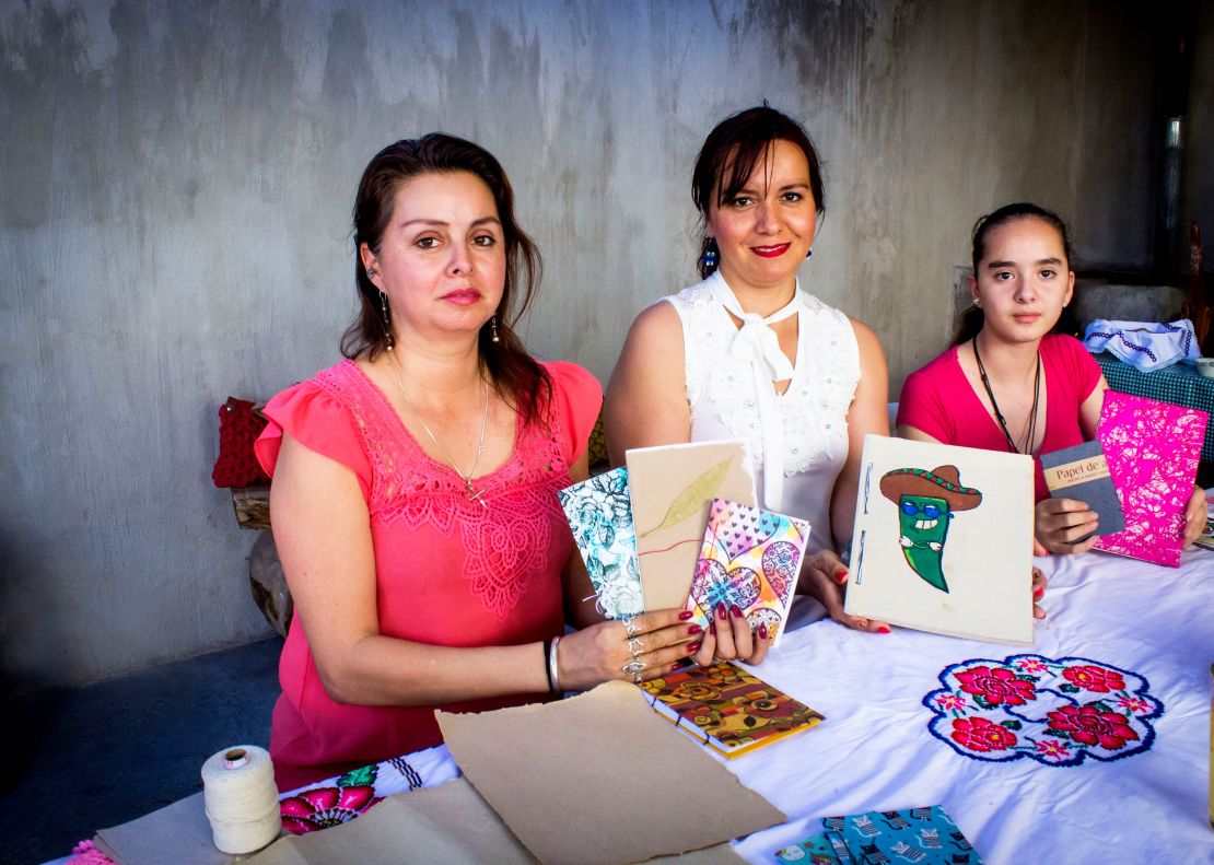 Alma Karina Cordero Villalobos, Evelyn Monserrat Achutigui Serna and Sandra Elizabeth Serna Caballero make paper books from agave for additional income. 