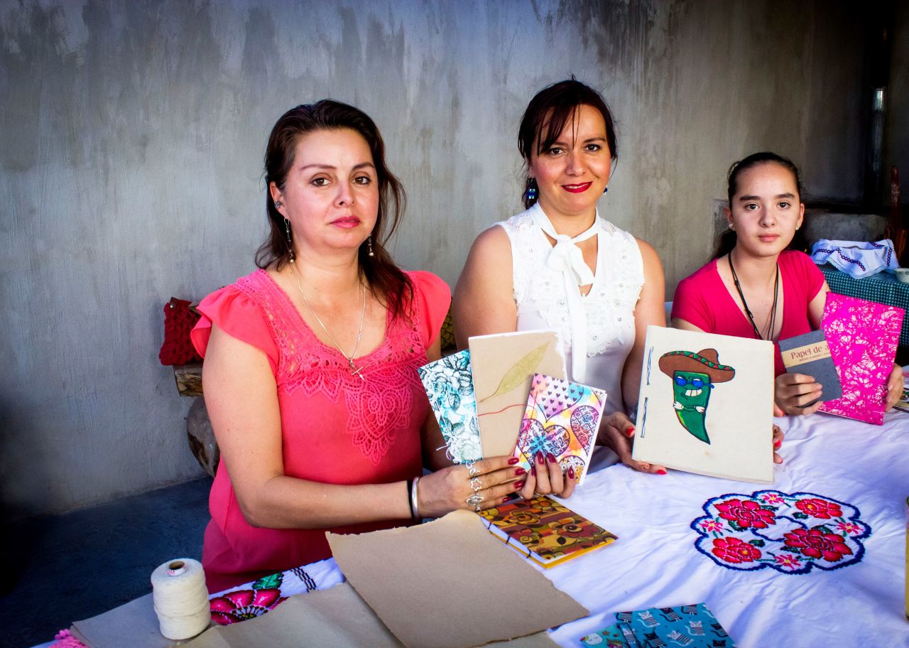 <strong>More than a drink: </strong>Alma Karina Cordero Villalobos, Evelyn Monserrat Achutigui Serna and Sandra Elizabeth Serna Caballero make paper books from agave for additional income.